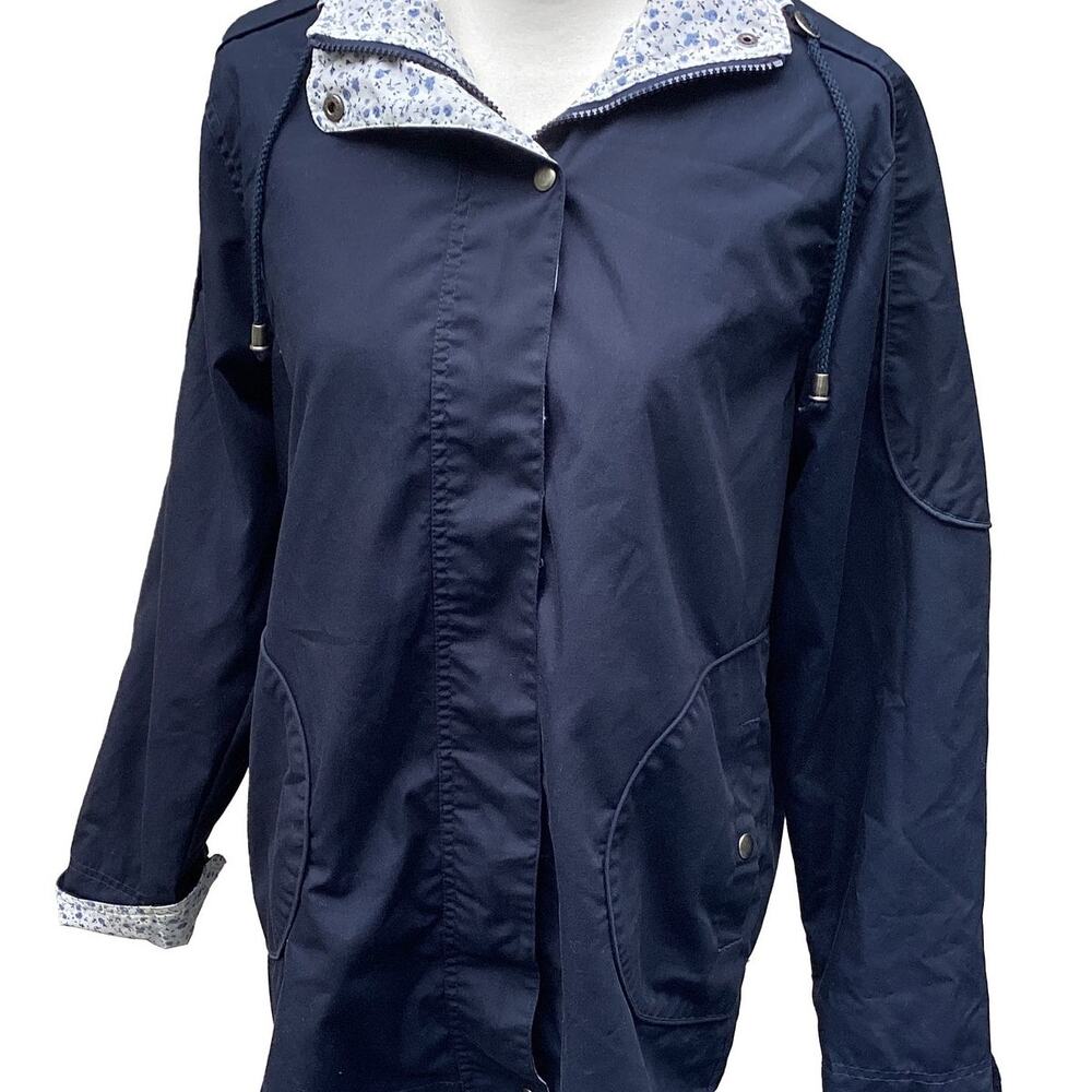 Cute Hooded Rain Jacket Parka Blue Cottage Style Floral Full Zip Women's Small